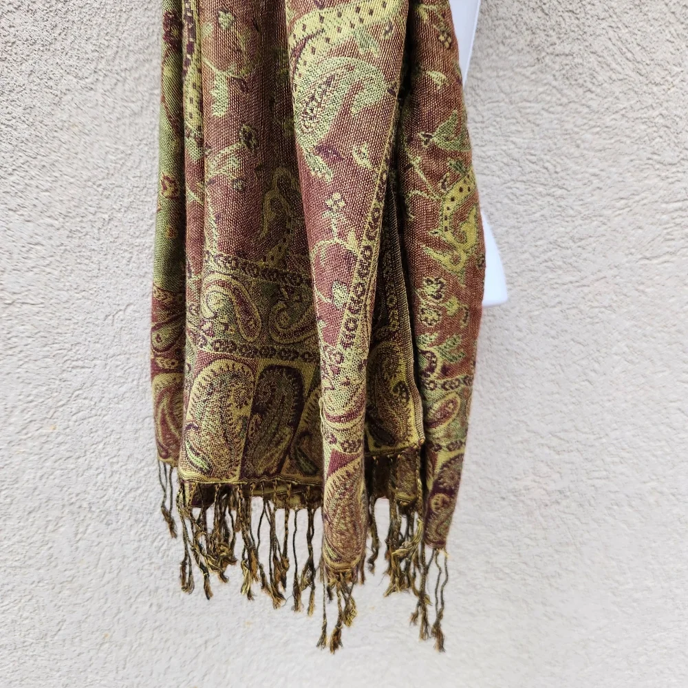 PASHMINA Scarf Paisley Green Tan Silk Fringe Shawl Wrap 26 x 70 - Picture 6 of 6